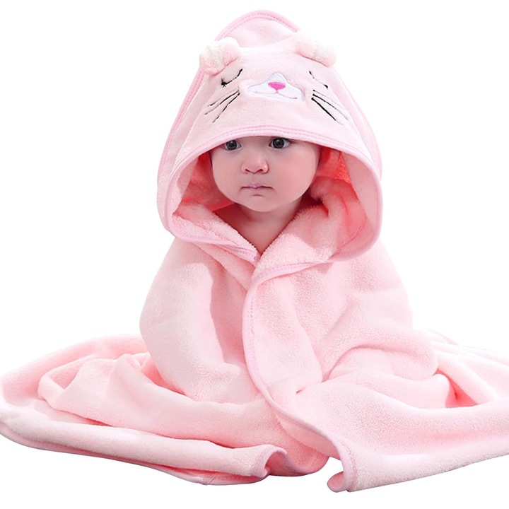 Prosop De Baie Pentru Copii, Zggzerg, 0-2 ani, Cu urs gluga atasata, Rezistent la vant si cald, Super absorbant, Moale si prietenos cu pielea, Uscare rapida, Design infasurator la 360°, Lana de corali, 80 x 80cm, Roz