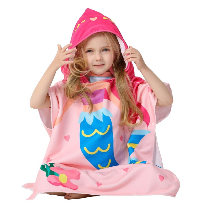 Halat De Baie Cu Gluga, Zggzerg, Model de sirena, Cu nasturi, Moale si prietenos cu pielea, Stil poncho, Potrivit pentru copii de 110-145 cm acasa, baie, plaja, inot, Fibre superfine, 75 x 75cm, L, Roz