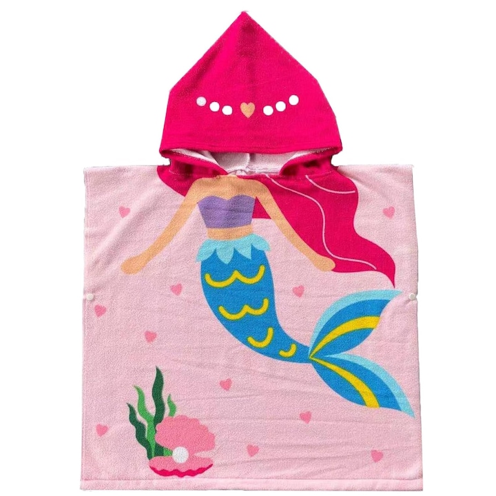 Халат с качулка, Zggzerg, шарка на русалка, закопчан, мек и приятен за кожата, стил пончо, подходящ за 110-145 см деца у дома, баня, плаж, плуване, супер фино влакно, 75 x 75 см, L, розов