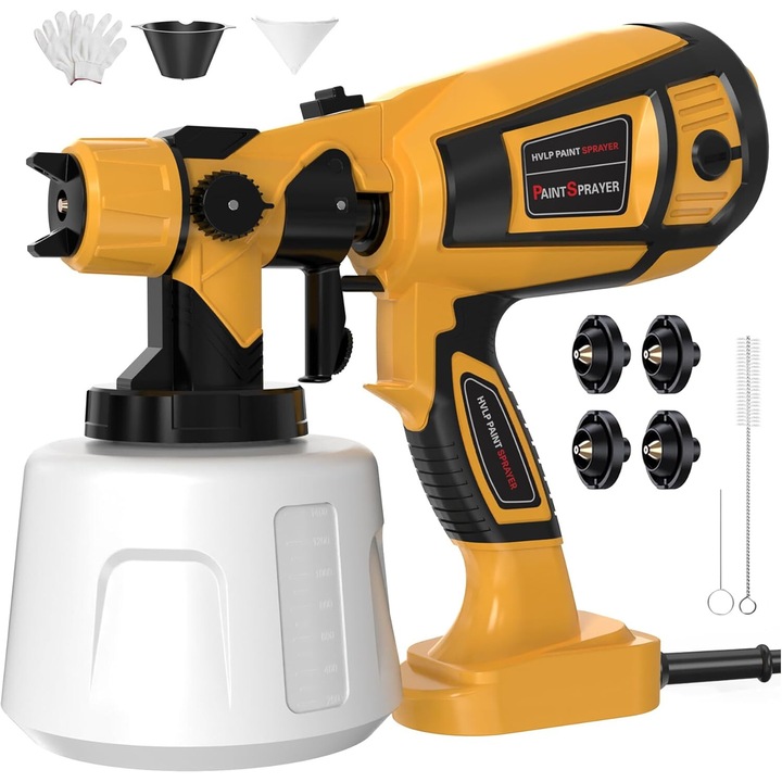 Pistol de vopsit, Excitat, 850 W, 1400 ml, 3 moduri de pulverizare, 4 dimensiuni de duza, galben