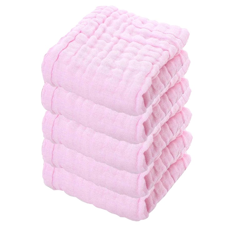 Set 5 Prosoape Din Muselina Pentru Copii, Zggzerg, Super absorbant, Moale si prietenos cu pielea, Respirabil, Nu este usor de pierdut parul, Poate fi utilizat pentru spalarea fetei, scaldarea, Bumbac, 30 x 30cm, Roz