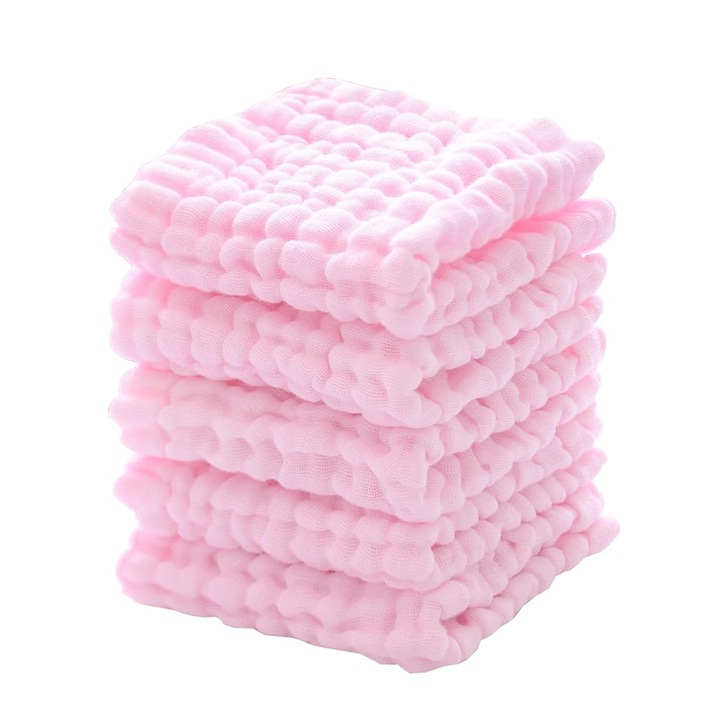 Set 5 Prosoape Din Muselina Pentru Copii, Zggzerg, Super absorbant, Moale si prietenos cu pielea, Respirabil, Nu este usor de pierdut parul, Poate fi utilizat pentru spalarea fetei, scaldarea, Bumbac, 30 x 30cm, Roz