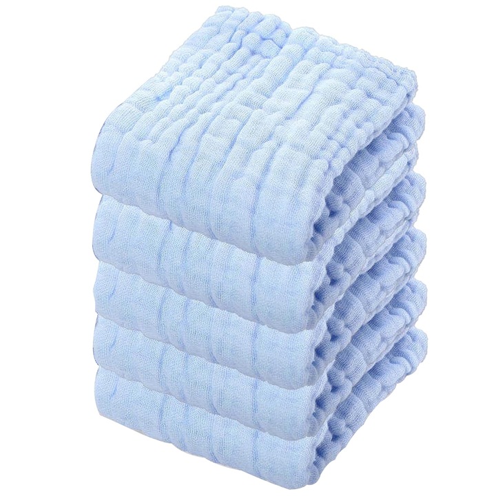 Set 5 Prosoape Din Muselina Pentru Copii, Zggzerg, Super absorbant, Moale si prietenos cu pielea, Respirabil, Nu este usor de pierdut parul, Poate fi utilizat pentru spalarea fetei, scaldarea, Bumbac, 30 x 30cm, Albastru