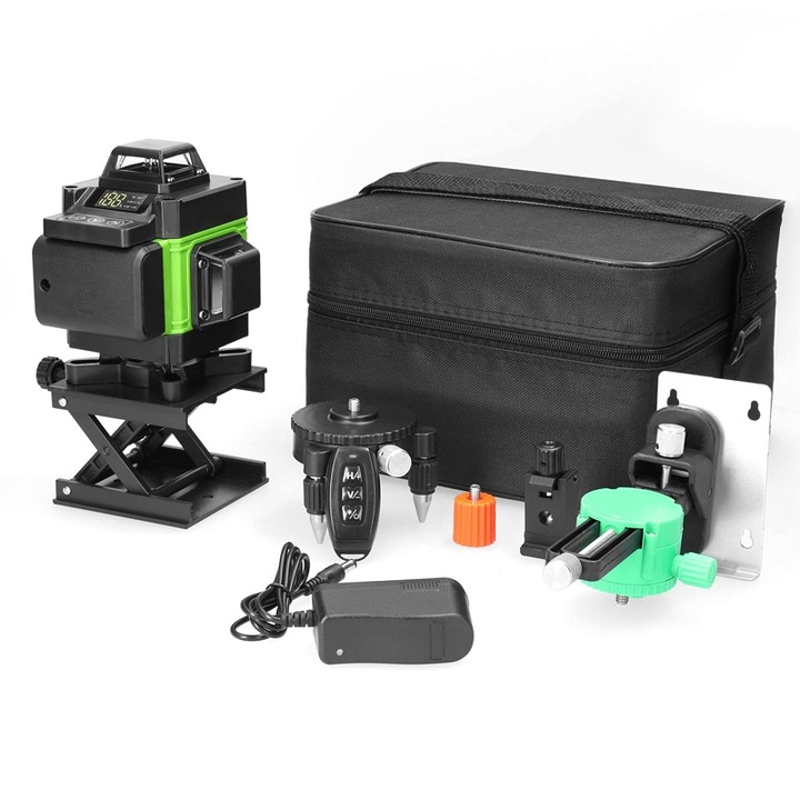 Nivel laser, nivel laser 4D 16 linii 3° Instrument functional pentru podea cu autonivelare cu baterie cu litiu 2*2400mAh, platforma de ridicare, telecomanda APP - verde