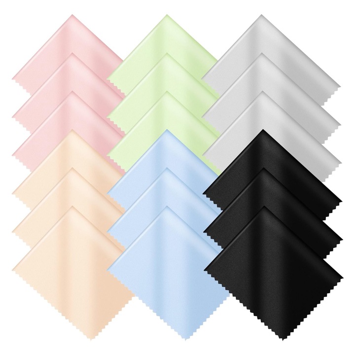 Комплект от 18 кърпи за очила, SIBINTA, Премахване на мазнина и пръстови отпечатъци, Перфектно почистване, Машинно пране и многократна употреба, за очила, телефон, таблет, Микрофибър, 18x15см, Многоцветен