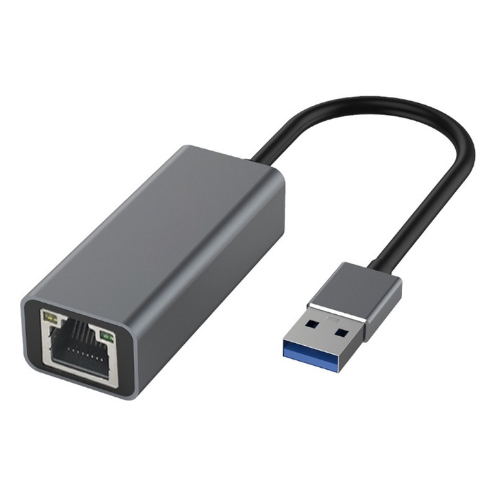 Адаптер за гигабитов порт USB-A към RJ45, SINBINTA, 1000Mps, Превъзходно разсейване на топлината, Plug and play, Интелигентен чип, стабилна връзка, LED индикатори, Съвместим с MacBook Pro, iPad Pro, Dell XPS, Алуминий, 5,2 x 1,3 x 1,4 cm, Сив