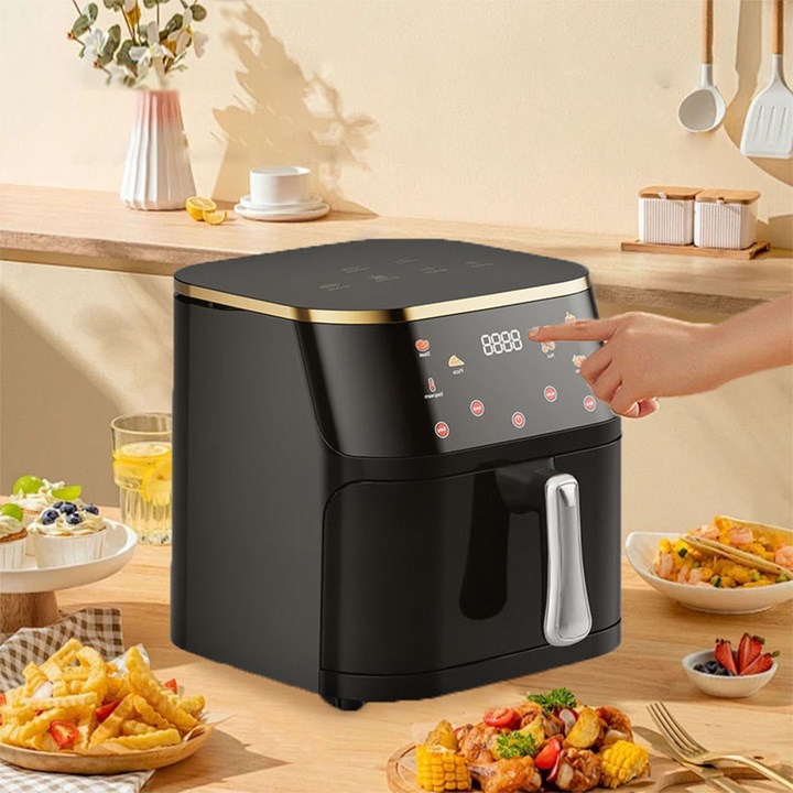 Friteuza cu Aer Cald，capacitate 10 L，display digital，Control touch 6 functii de gatire presetatefunctie de mentinere la cald, pot detasabil，curatare usoara, negru