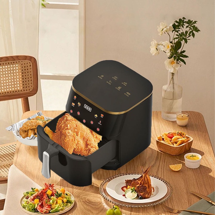Friteuza cu Aer Cald，capacitate 10 L，display digital，Control touch 6 functii de gatire presetatefunctie de mentinere la cald, pot detasabil，curatare usoara, negru