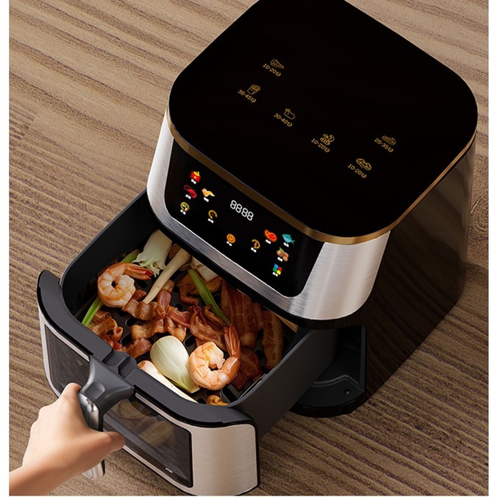 Hot Air Fryer, betekintő ablak, 10 literes kapacitás, érintésvezérlés, digitális képernyő, 6 előre beállított főzési funkció, melegen tartás funkció, kivehető edény, könnyen tisztítható, fekete