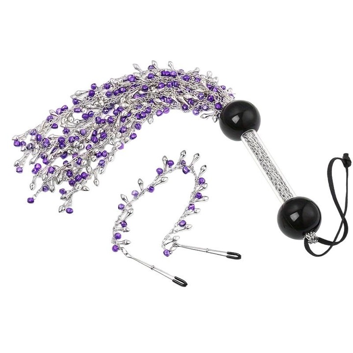 Set BDSM, Set 2 piese, Flogger Punk/Cleme Sfarc cu Clopotei, Mov