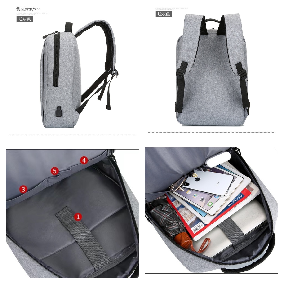 Rucsac laptop, impermeabil, anti-zgarieturi, port USB, gri, 31x40x10cm