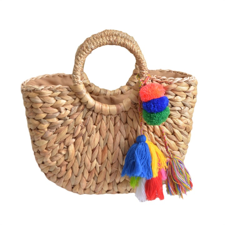 Сламена чанта, BOMSTOM, декорация от помпон с пискюли, подходяща за плаж, тераса, ваканция, естествено бежова, 30 x 10 x 21 см