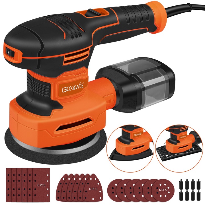 Slefuitor Orbital multifunctional, GOXAWEE, G5294, 3 in 1 Mouse, circular, dreptunghiular, 450 W, 125 mm, 7000-14000 RPM, 6 Viteze, Velcro, Cu set 18 buc disc abraziv, Portocalie/Negru