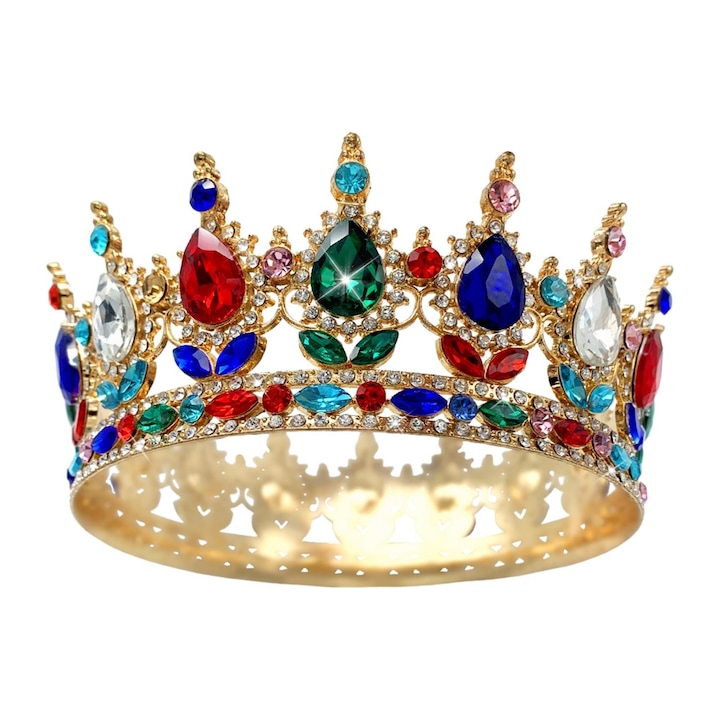 Tiara femei Tyrael-SEA, strasuri colorate, aurie, 15.5x12.2x5.3cm
