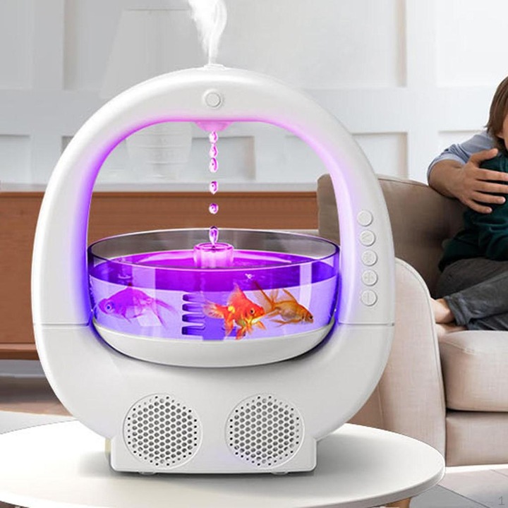 Umidificator Multifunctional, Bol pentru pesti, Picatura de apa, Boxa bluetooth, Difuzor de aroma, 6 Culori RGB, Pentru Relaxare, Alb, 700 ml, 23 x 25.6 x 16.2 cm