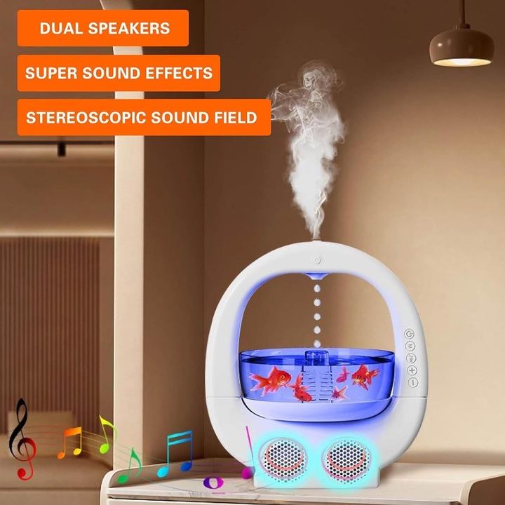 Umidificator Multifunctional, Bol pentru pesti, Picatura de apa, Boxa bluetooth, Difuzor de aroma, 6 Culori RGB, Pentru Relaxare, Alb, 700 ml, 23 x 25.6 x 16.2 cm