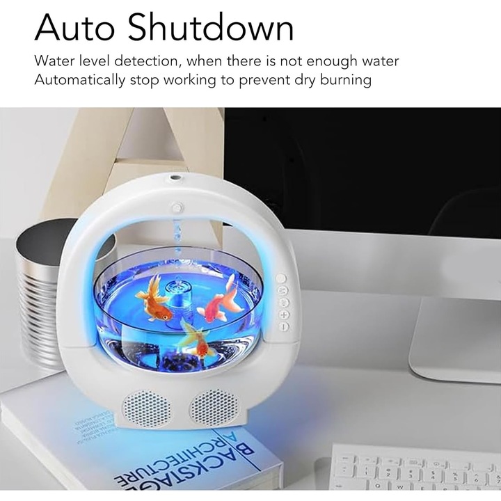 Umidificator Multifunctional, Bol pentru pesti, Picatura de apa, Boxa bluetooth, Difuzor de aroma, 6 Culori RGB, Pentru Relaxare, Alb, 700 ml, 23 x 25.6 x 16.2 cm