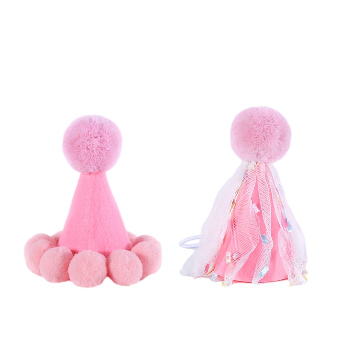 Palarie de ziua de nastere pentru animale de companie in culorile macaron, palarie de ziua de nastere pentru animale de companie, palarie de petrecere cu franjuri pentru pisici si caini, palarie de petrecere cu pompom cu franjuri si banda reglabila, roz