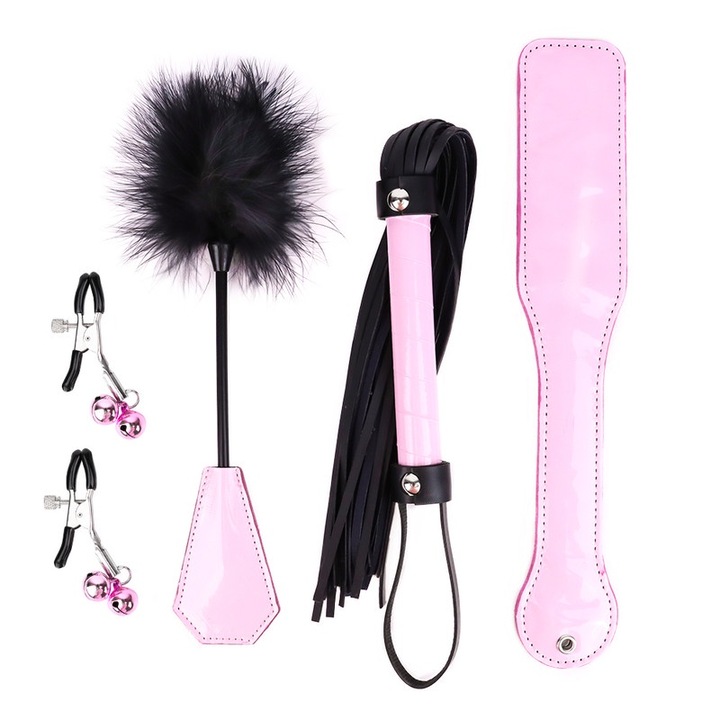 Set BDSM, 4 piese, piele ecologica, roz, ajustabil