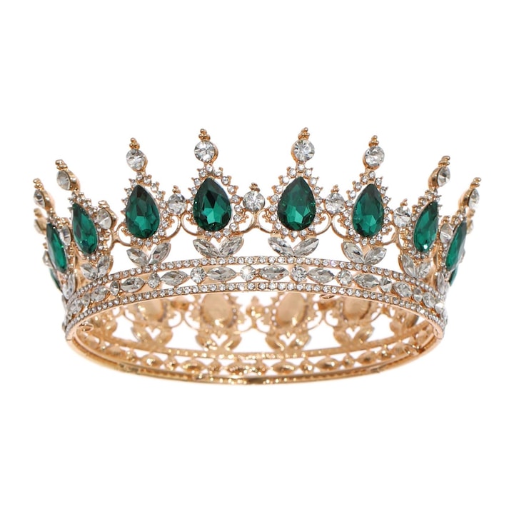 Tiara femei Tyrael-SEA, stras verde, aurie, 15.5x12.2x5.3cm, metal, handmade