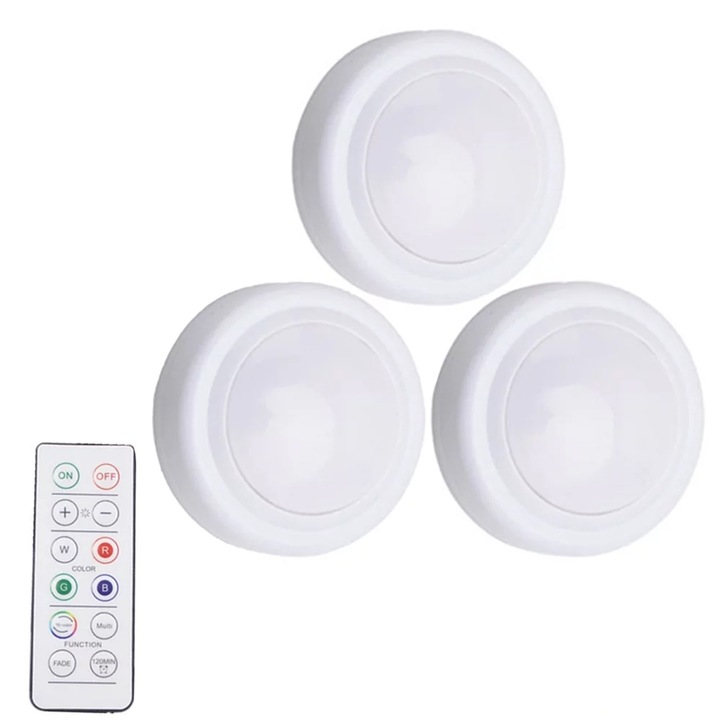 Комплект от 3 RGB LED прожектора с 1 дистанционно управление, Hggzeg, 13 цвята, 2 метода на управление, Регулируема яркост, Модерен безжичен дизайн, Лесен за инсталиране, Подходящ за дрешници, Кухни, Спални, Рафтове за книги, Многоцветен