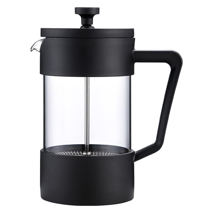 French press dugattyús kávéfőző, Hggzeg, Robbanásbiztos hőálló üveg, Rozsdamentes acél 304, Űrtartalom 1000 ml, Könnyen megfogható és tisztítható, Újrafelhasználható, 10,2x21,5 cm, Fekete
