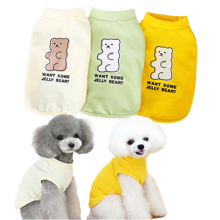 3 részes kutya és macska ruha szett, medvemintás, fehér-zöld-sárga, S-XL méretek