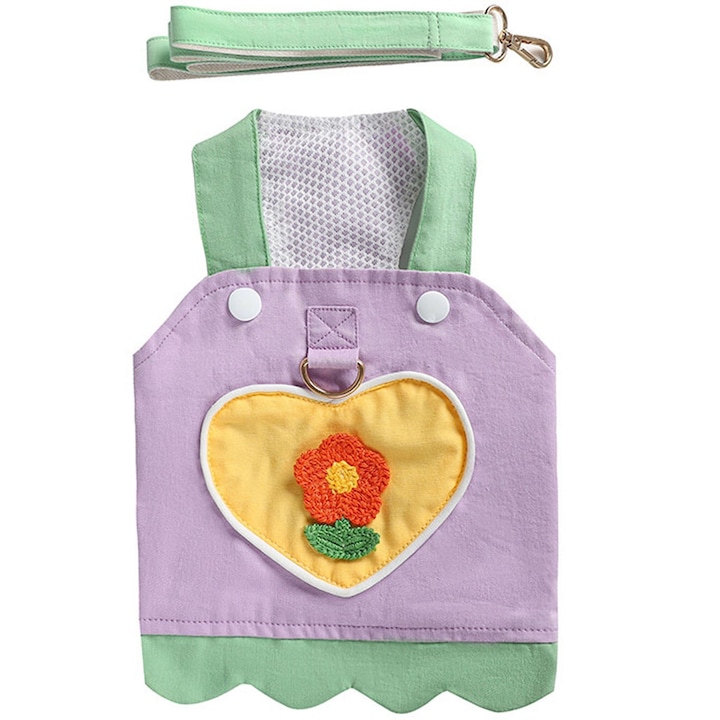 Set ham si lesa pentru caini, bumbac respirabil, model dragoste si flori, verde mov, L