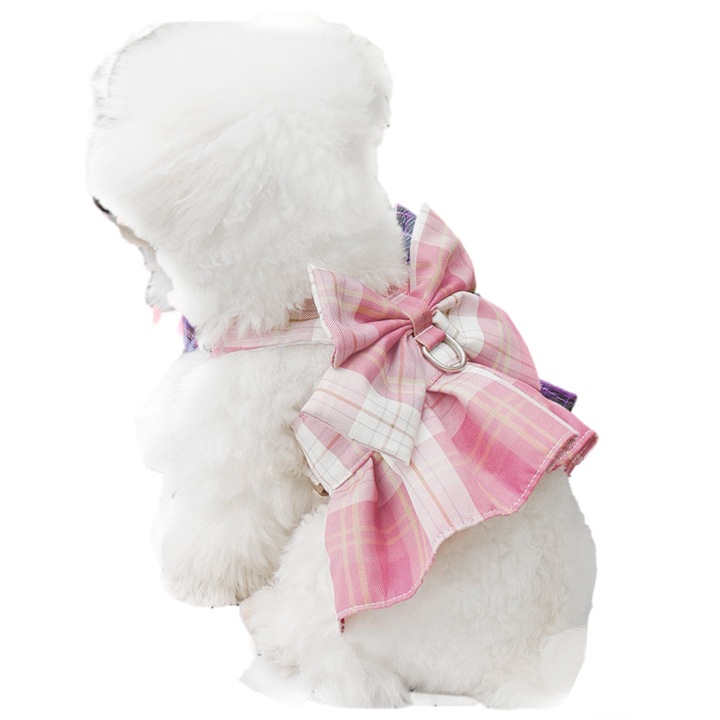 Rochita cu carouri pentru animale de companie, roz, XS/S/M/L, set cu lesa