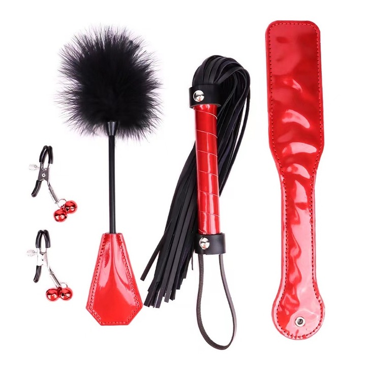 Set BDSM, 4 piese, piele ecologica, rosu