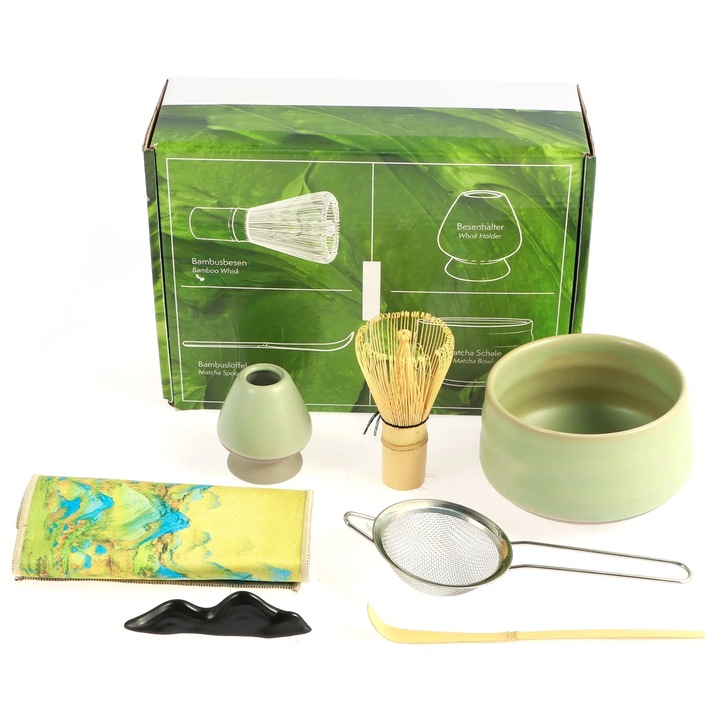 Сервиз за чай Matcha, Hggzeg, 7 части и кутия за съхранение, неръждаема стомана/бамбук/керамика, традиционен, естествен и ръчно изработен, лесен за използване, за многократна употреба, за успокояване и медитация, 26,5 x 19 x 9,5 cm, зелен