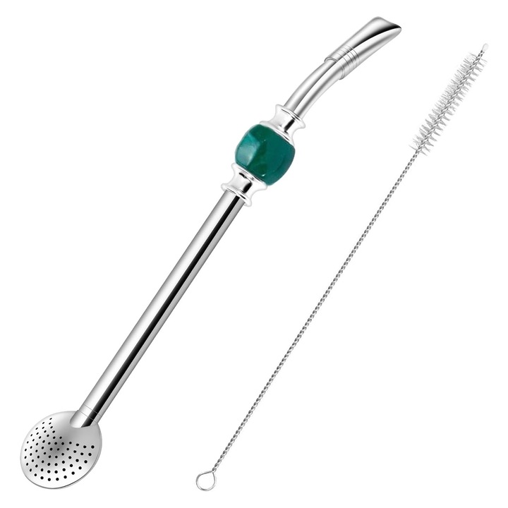 Bombilla Bomba, Hggzeg, Universal, Un Mate, Yerba Pai, Cu piatra de racire, Curatator, Paie de metalic, Design ergonomic, Detasabile, Usor de prins si de curatat, Durabilitate, Otel Inoxidabil, 21 cm, Verde