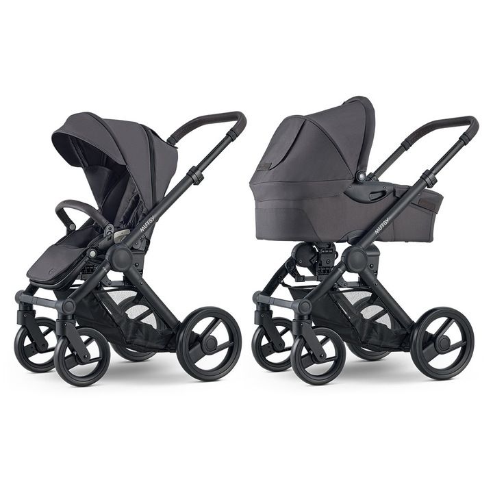 Детска количка 2 в 1 със седалка и кош за новородено Mutsy EVO, Stone Grey, Тъмнокафява дръжка, Черни колела