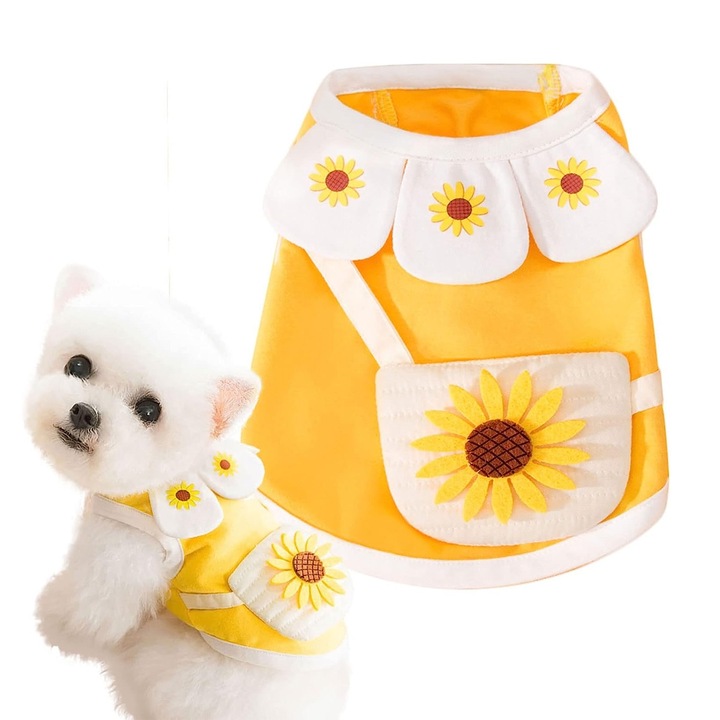 Vesta pentru caini mici, AMRINUGL, bumbac, model cu flori, galben/alb, L
