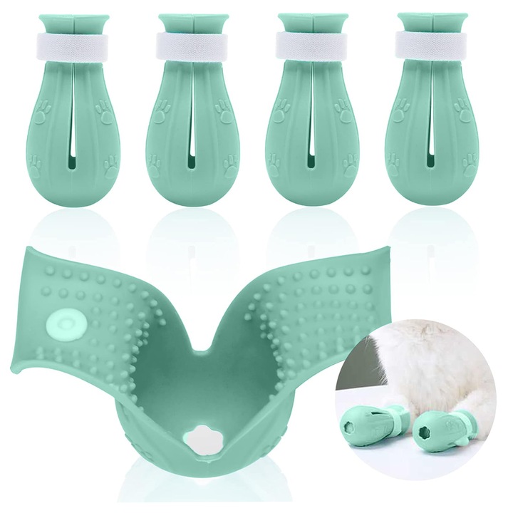 Papuci pentru labe de pisica, set de 4, verde deschis, din silicon, pentru pisici mici si medii