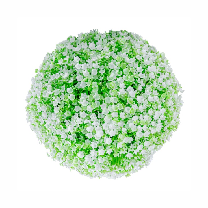 Изкуствена растителна сфера, с цветя, Naimeed D5933, зелено-бяла, 150 мм