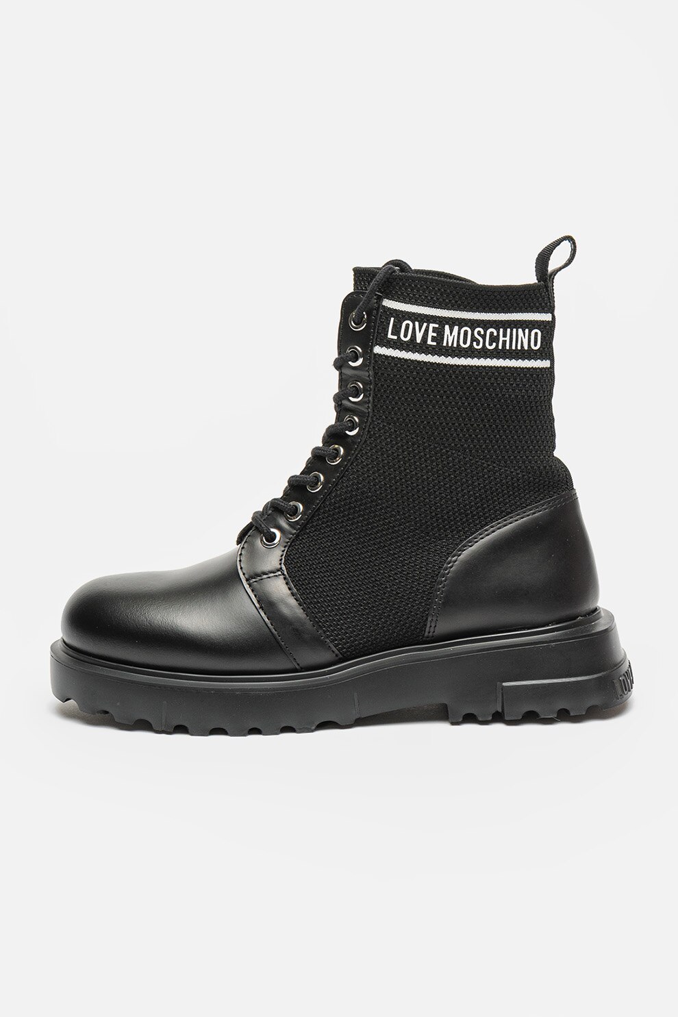 nozominnn♡ Love Moschino, Ghete din piele cu logo, Negru, Alb optic, Argintiu