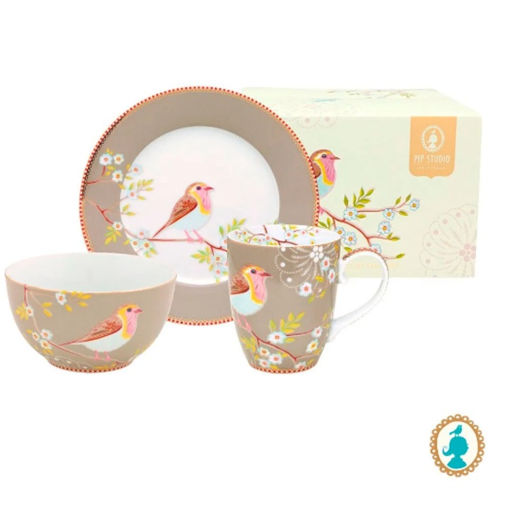 Set 3 piese mic dejun, portelan Early Bird Crem, 20x16x8cm