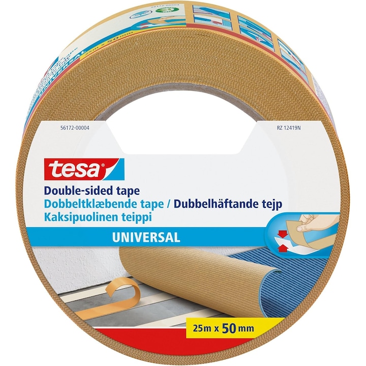 Banda dublu adeziva tesa 56172, universala, pentru mocheta si fixari, 25 m x 50 mm
