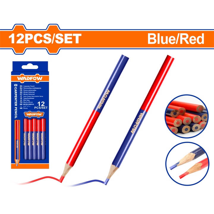 Set 12 creioane pentru tamplarie Wadfow, dimensiune 10x7.5x176mm, rosu/albastru