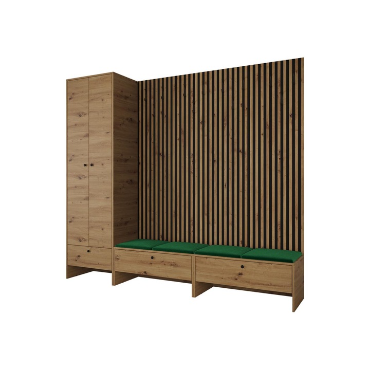 Mobilier pentru hol Esmoltis VI, MIRJAN24, stejar artisan + negru + verde, 230x206x44 cm