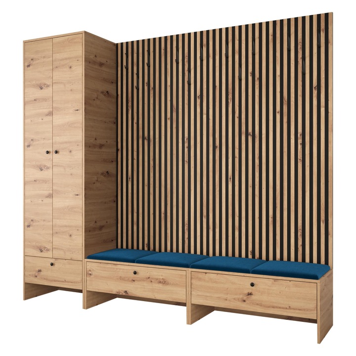 Mobilier pentru hol Esmoltis VI, MIRJAN24, stejar artisan + negru + bleumarine, 230x206x44 cm