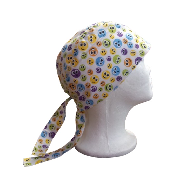 Boneta bumbac, Alb cu imprimeu colorat emoji, Marime universala