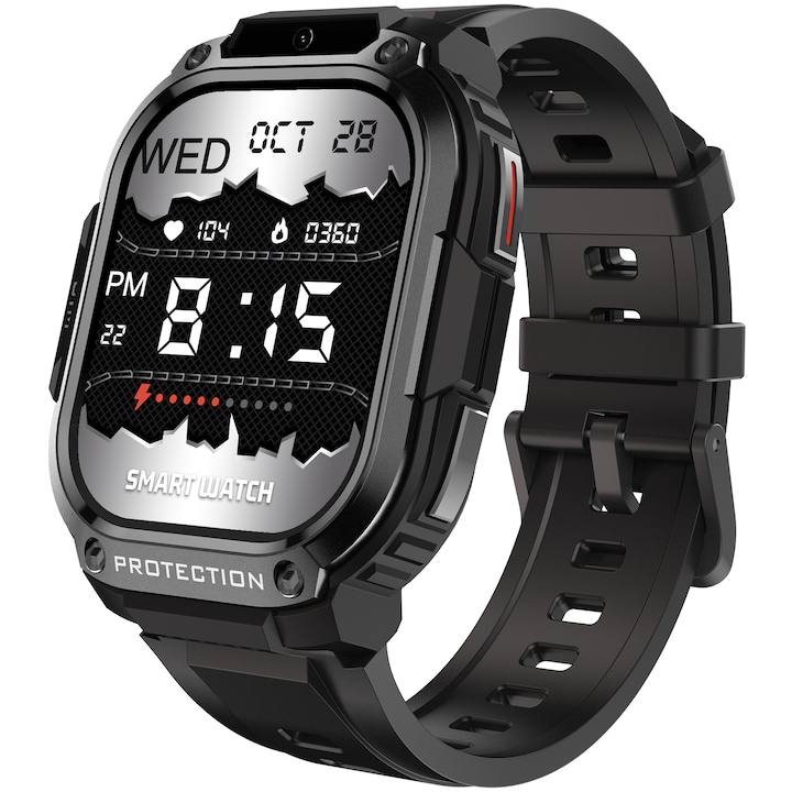Smartwatch idealSTORE EasySIM®S2, 2.13 инча AMOLED екран, Камера, Android 8.1, GPS, GLONASS, Компас, 4G разговор, 1000 mAh батерия, Nano SIM, Сърдечен ритъм, SpO2, Магнитно зареждане, Четириядрен процесор, Черна силиконова гривна