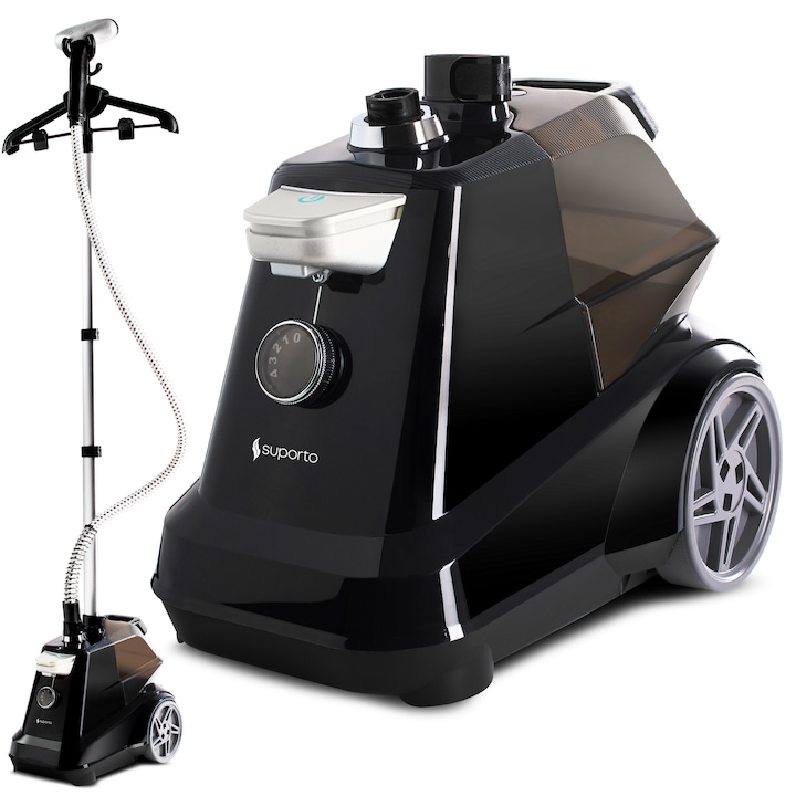 Aparat de Calcat Vertical cu abur Suporto pentru haine netede, sterilizate, fara mirosuri si fara cute. Steamer profesional model R3 de 2200W, debit 45g/min, 4 trepte putere, 65 min de lucru, cu umeras, fier telescopic, rezervor apa 3 L