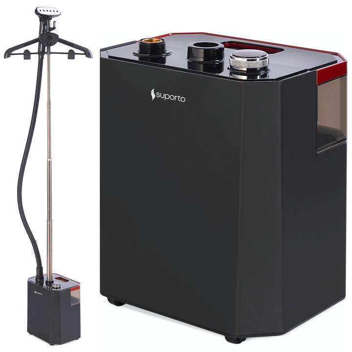 Fier de Calcat Vertical cu abur Suporto pentru haine netede, sterilizate, fara mirosuri si fara cute. Steamer profesional model S2 de 2200W, debit 45g/min, 3 trepte putere, 64 min de lucru, aparat cu umeras, brat telescopic, rezervor apa 2.9L