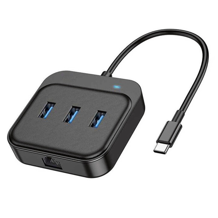 Adaptor 4in1, 0.2m, Type-C to 1x RJ45, 3x USB3.0, Gigabit Ethernet, Docking Station, Compatibil cu Laptop, Tableta si Smartphone, Negru/Albastru