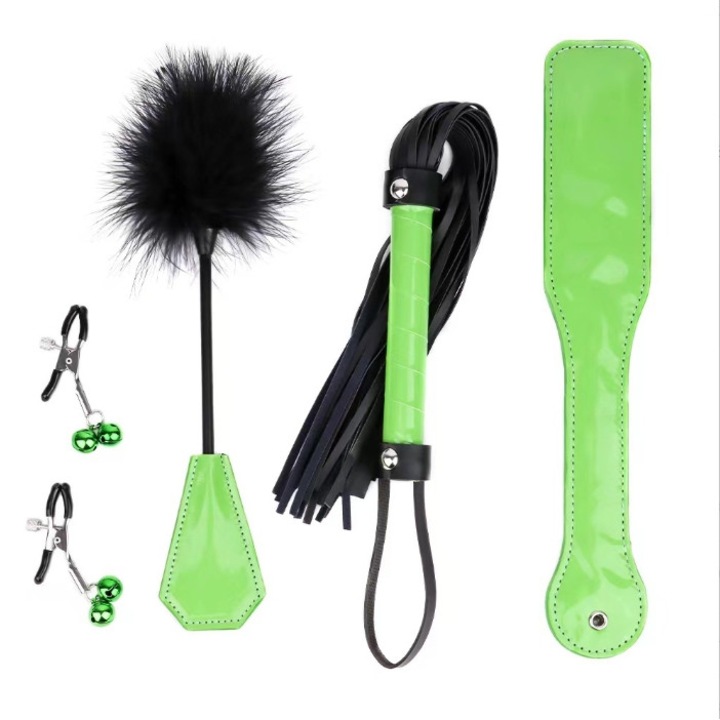 Set BDSM, 4 piese, Piele ecologica, Verde, Ajustabil