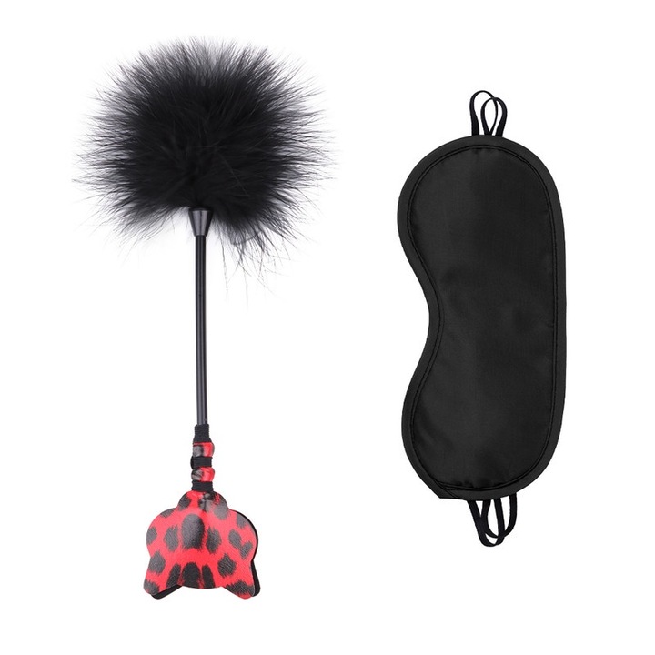 Set BDSM, Cat Plush Tickler, Blindfold, Piele Ecologica, Ajustabil, Ambalaj Discret