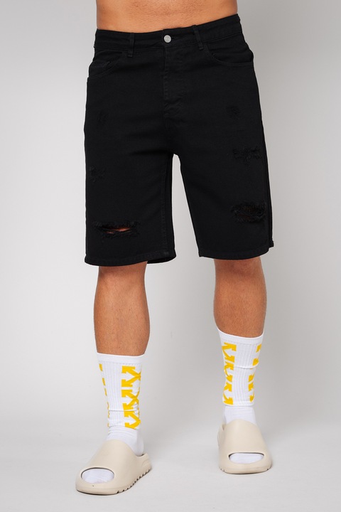 uFIT, Blugi scurti cu detalii cu aspect deteriorat, Negru, S